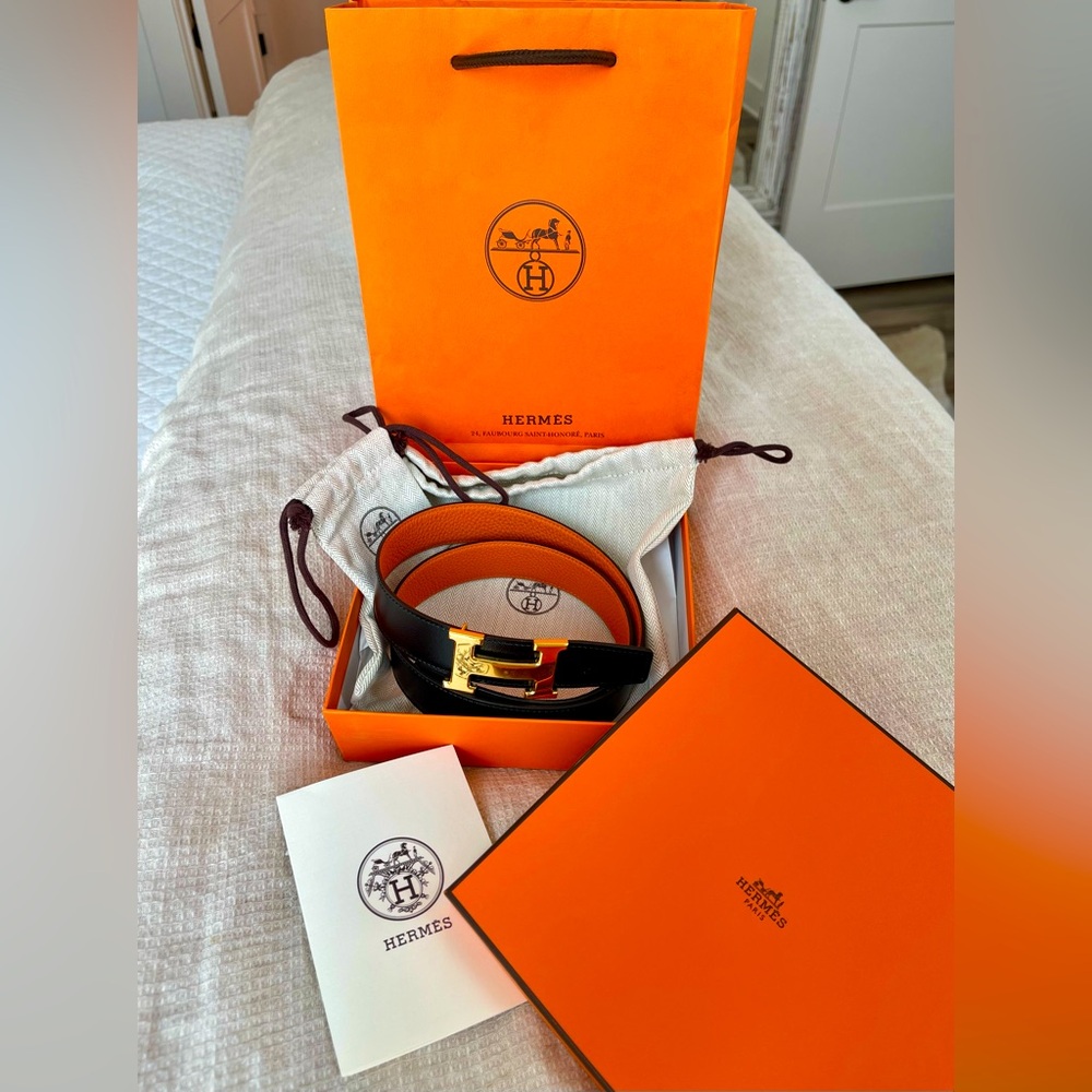 HERMÉS H Gold Belt Buckle & Reversible Leather Strap (40”)  Black & Orange